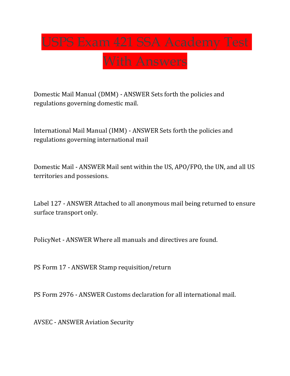 Preview of USPS Exam 421 SSA Academy Test  With Answers
